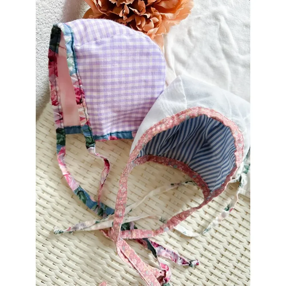 3 Darling Spring Baby Bonnets Reversible Gingham + Blooming Floral
